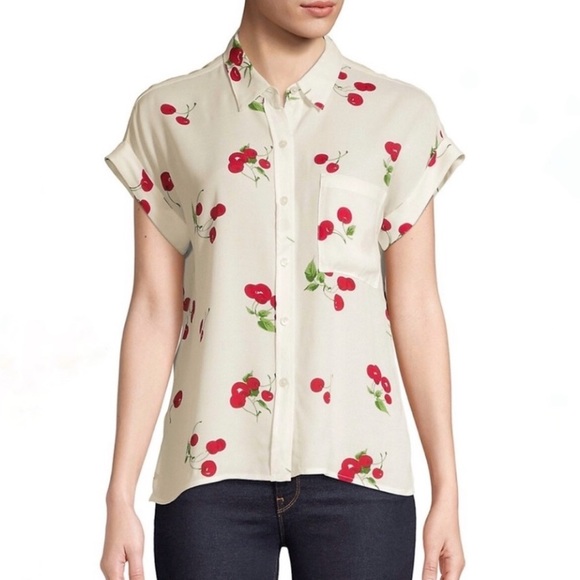 Rails Tops - Rails cherry fruit printed button up top short sleeve cream colour